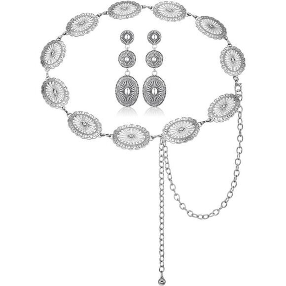 Western Concho Belt & Earring Set – Vintage Silver-Tone Rodeo Style Cowgirl - Picture 1 of 7